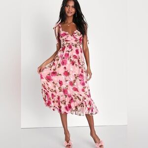 NEW! Lulu’s Lush Loveliness Pink Floral Jacquard Tie Strap Midi Dress Size L